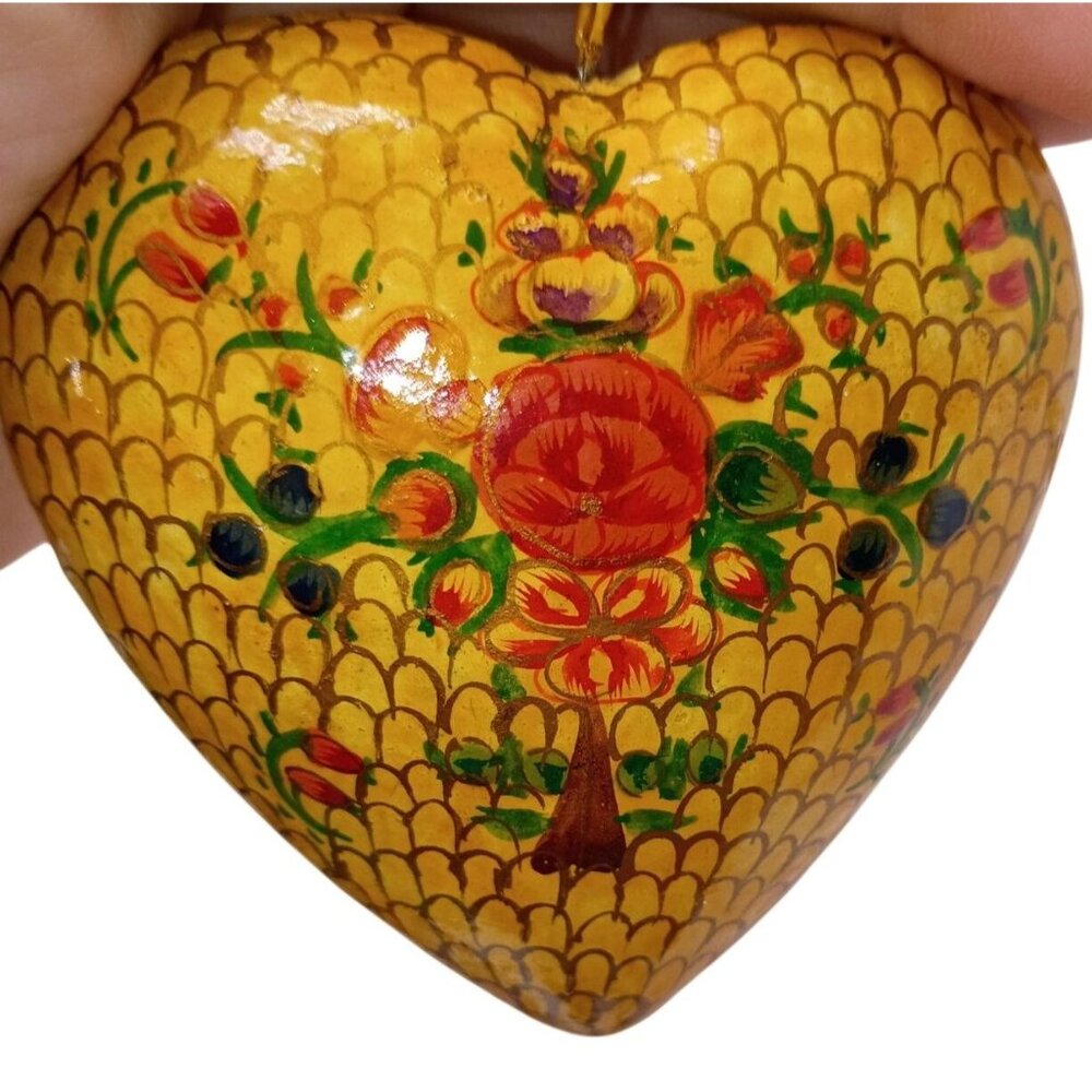 Hand-Painted Wooden Heart Ornament With Floral Design & Gold Cord Yellow